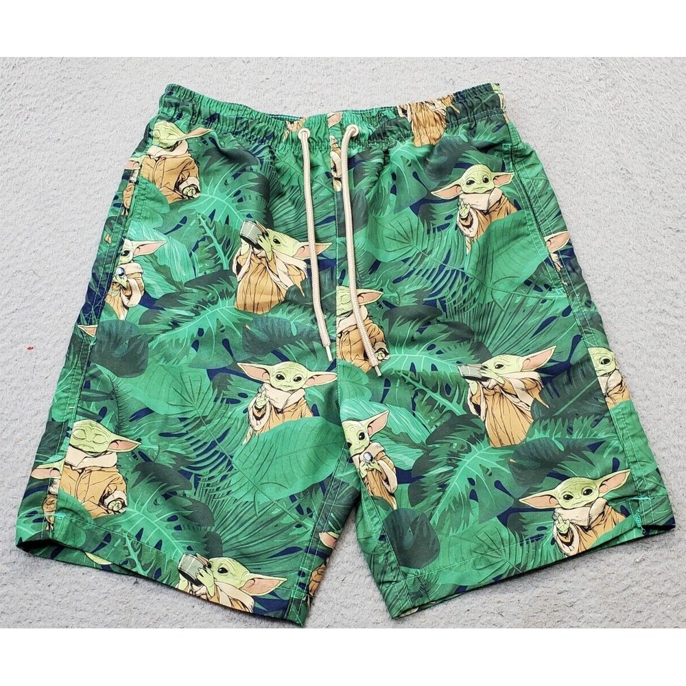 Star Wars Swim Trunks Shorts Men Small Multi Yoda Print Drawstring Elastic Waist